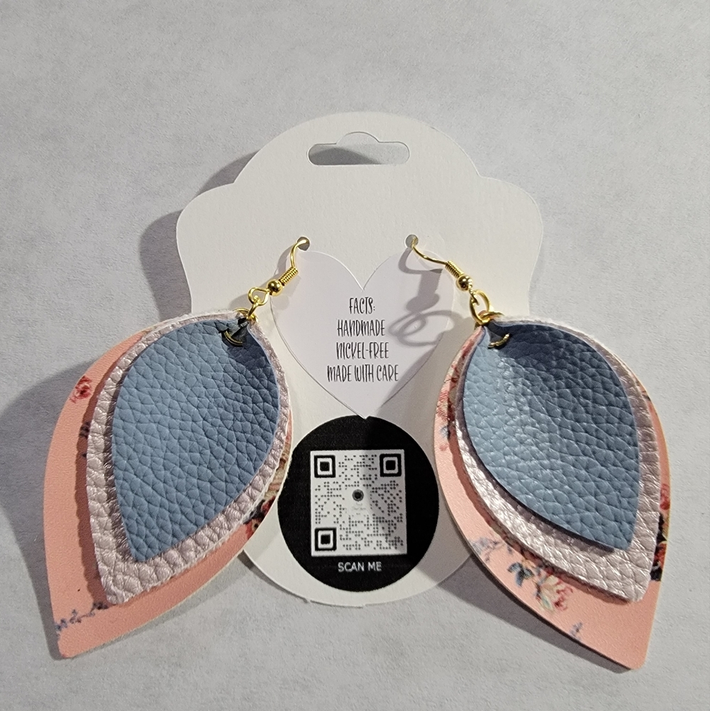 Pink Floral, Dusty Rose, Sky Blue 3-Layered Faux Leather Earrings 2.5"